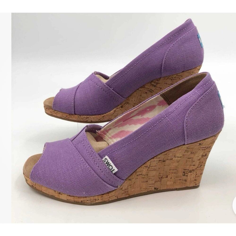 Toms Purple Canvas Cork Wedge Heels